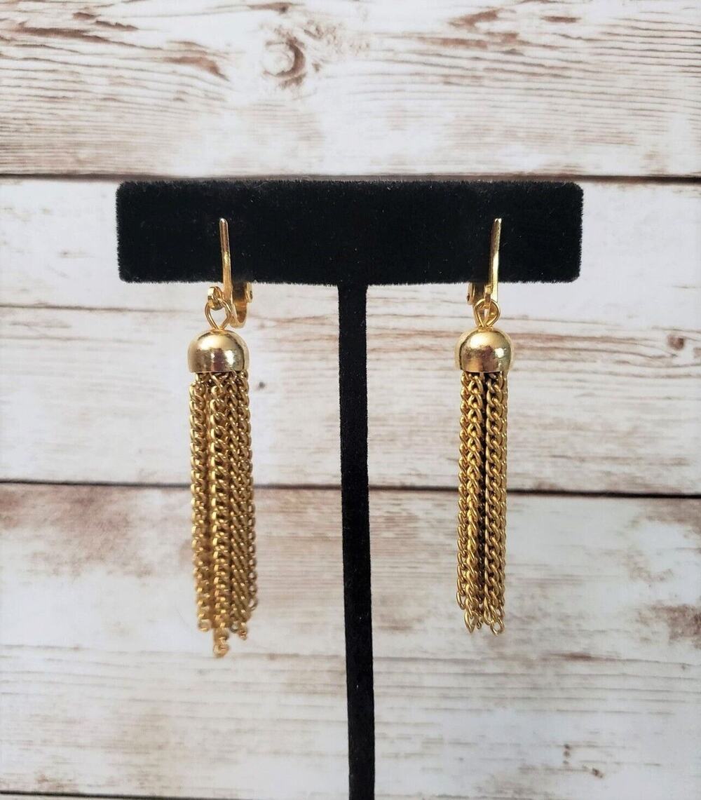 Vintage Clip On Earrings - Gold Tone Tassel Like Chain Dangle